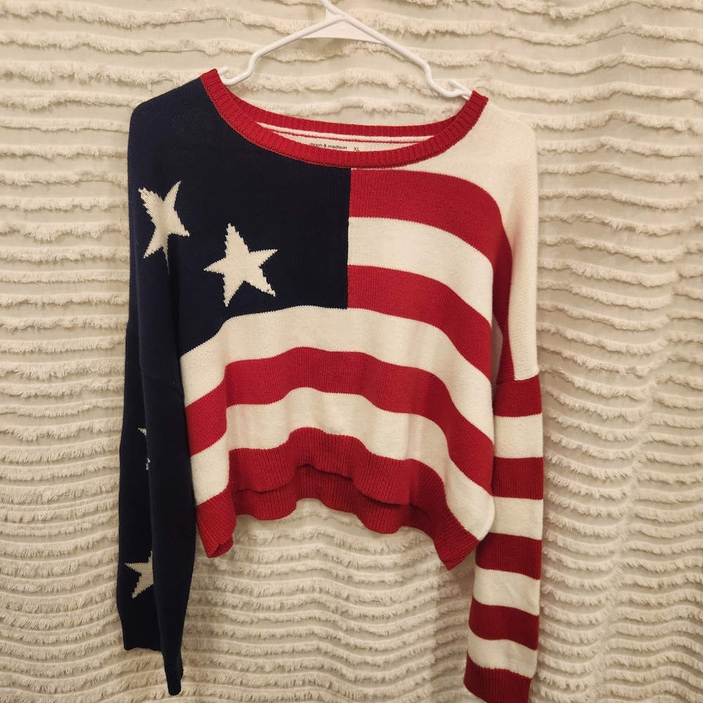 moon & madison Red White and Navy Off-the-Shoulder Flag Sweater